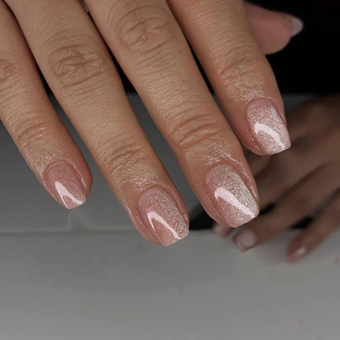 SXVME Short Press On Nails Square - Cat Eye Nude Pink Fake Nails Acrylic Press ons Glue on Nails Opaque Glitter Short False Nails in 30 Pcs for Women