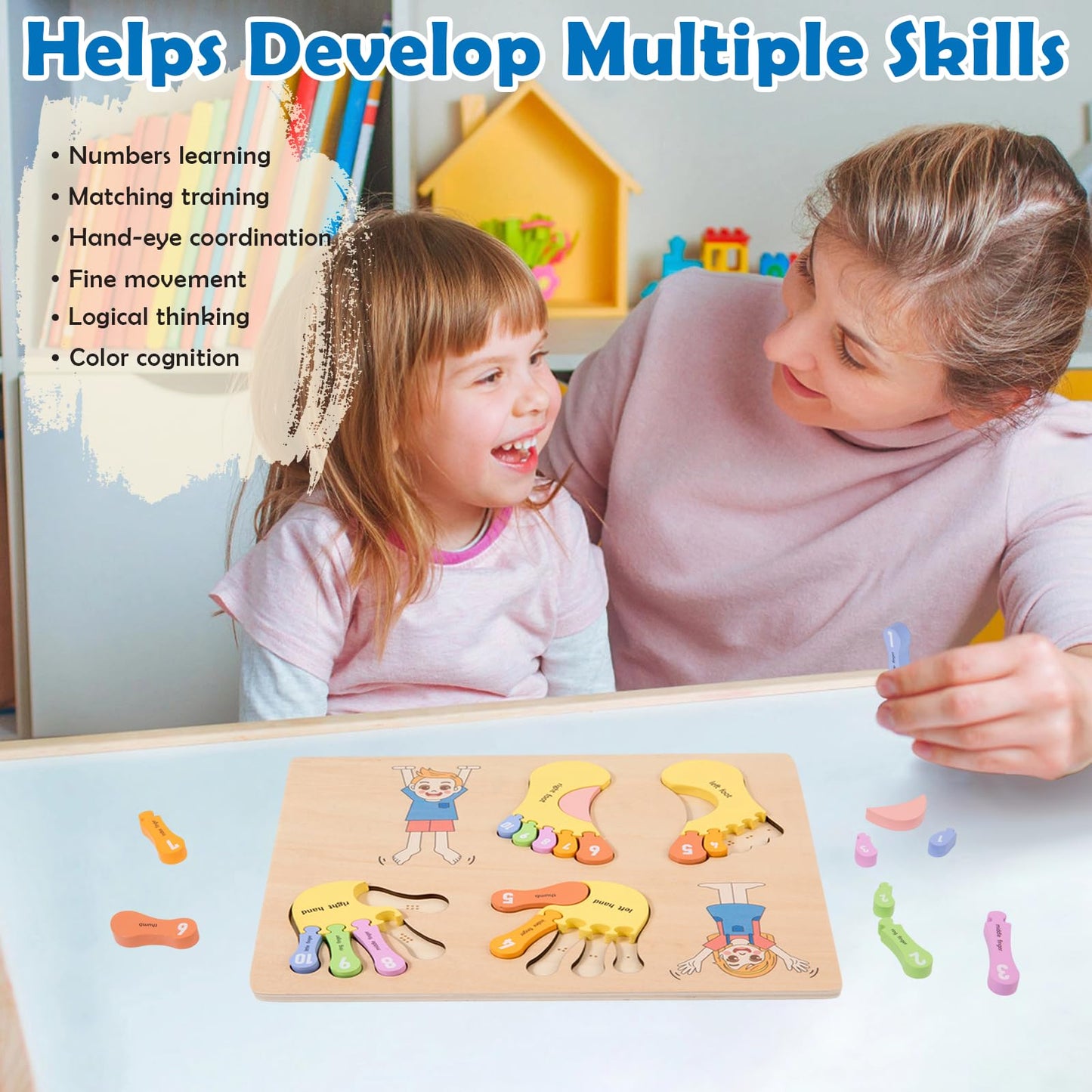 Adena Montessori Number Counting Blocks - Wooden Hands and Feet Shape Toy for Kids, Sorting & Counting Math for Home Classroom, Learn Numbers & Left and Right with Safe Wooden Blocks for Toddlers 3-4