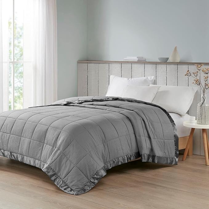 Madison Park Cambria Down Alternative Blanket, Premium 3M Scotchgard Moisture Wicking Treatment, Lightweight and Soft Bed Cover For Summer with Satin Trim, Oversized King Charcoal