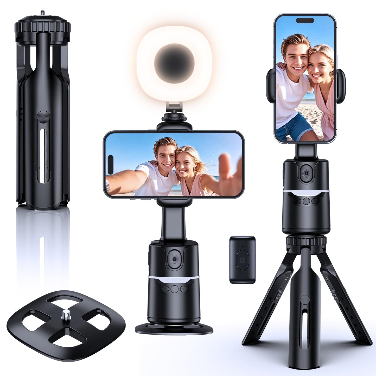 UBeesize Auto Face Tracking Tripod with Adjustable Desk Tripod, 360° Rotating vlogging kit for iPhone with Remote & Gesture Control, Rechargeable Selfie Fill Light, No App Required