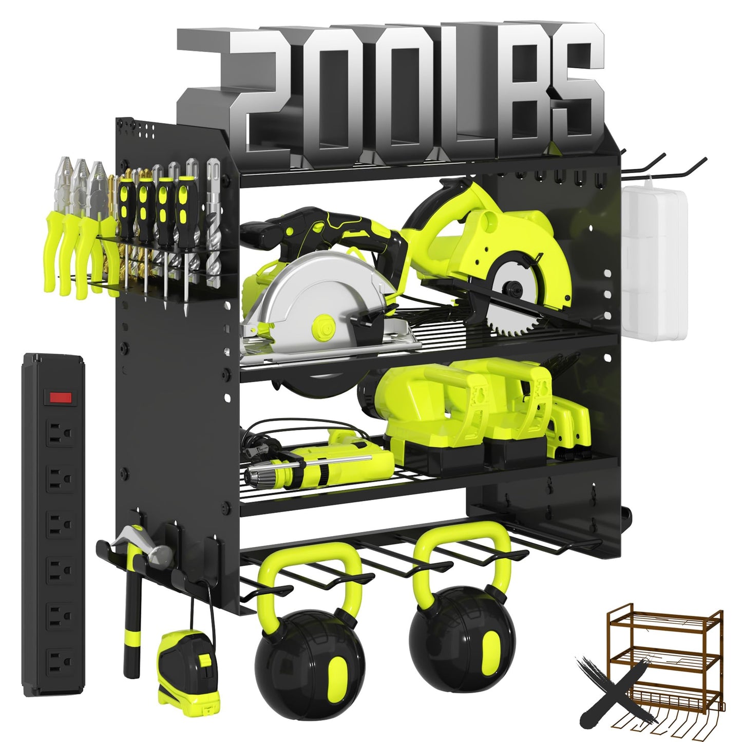 CFMASTER 4 Layer Heavy Duty Power Tool Organizer Wall Mount with Charging Station, Adjustable Metal Storage Rack, 6 Outlets Strip, Drill Holders, Hooks & Drill Bit Rack for Garage, Workshop, Black