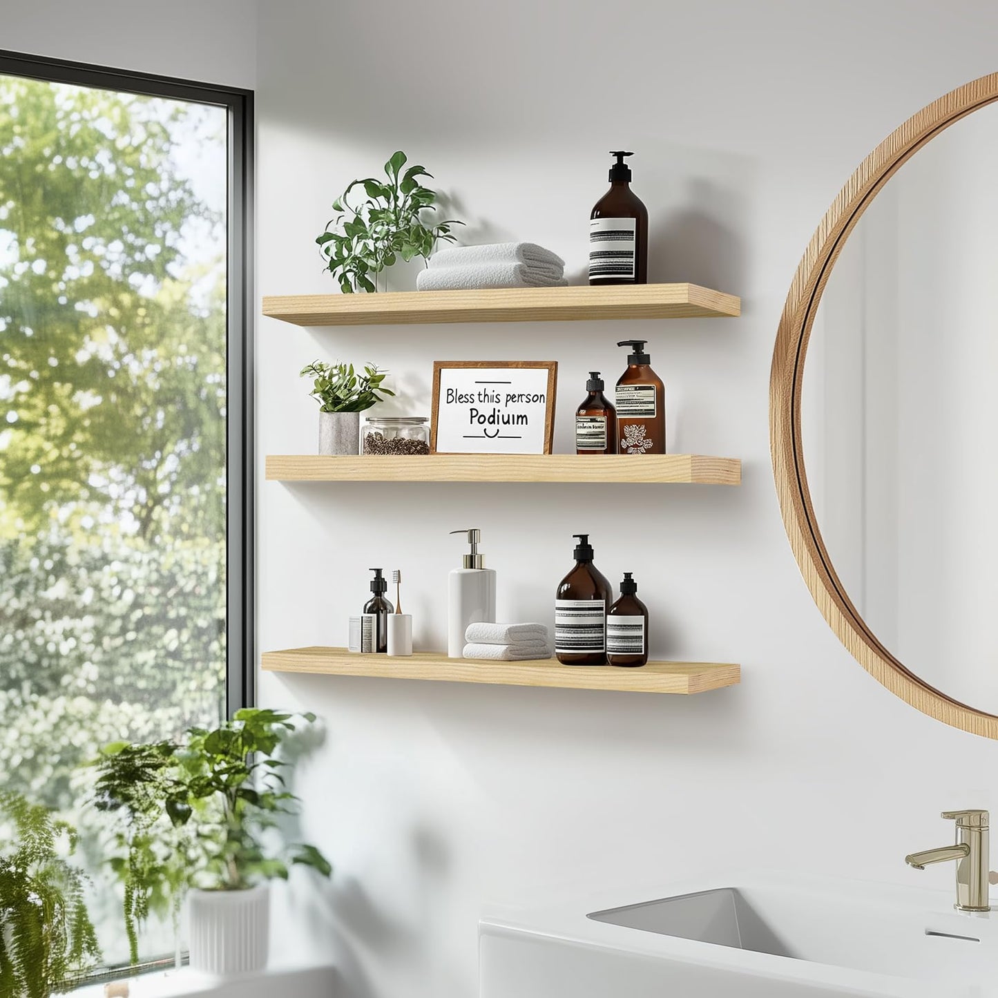 ABSWHLM Floating Wall Shelves 3-Pack - 24-Inch Rustic Wooden Shelves for Storage and Décor, Easy Installation for Living Room, Bedroom, and Kitchen