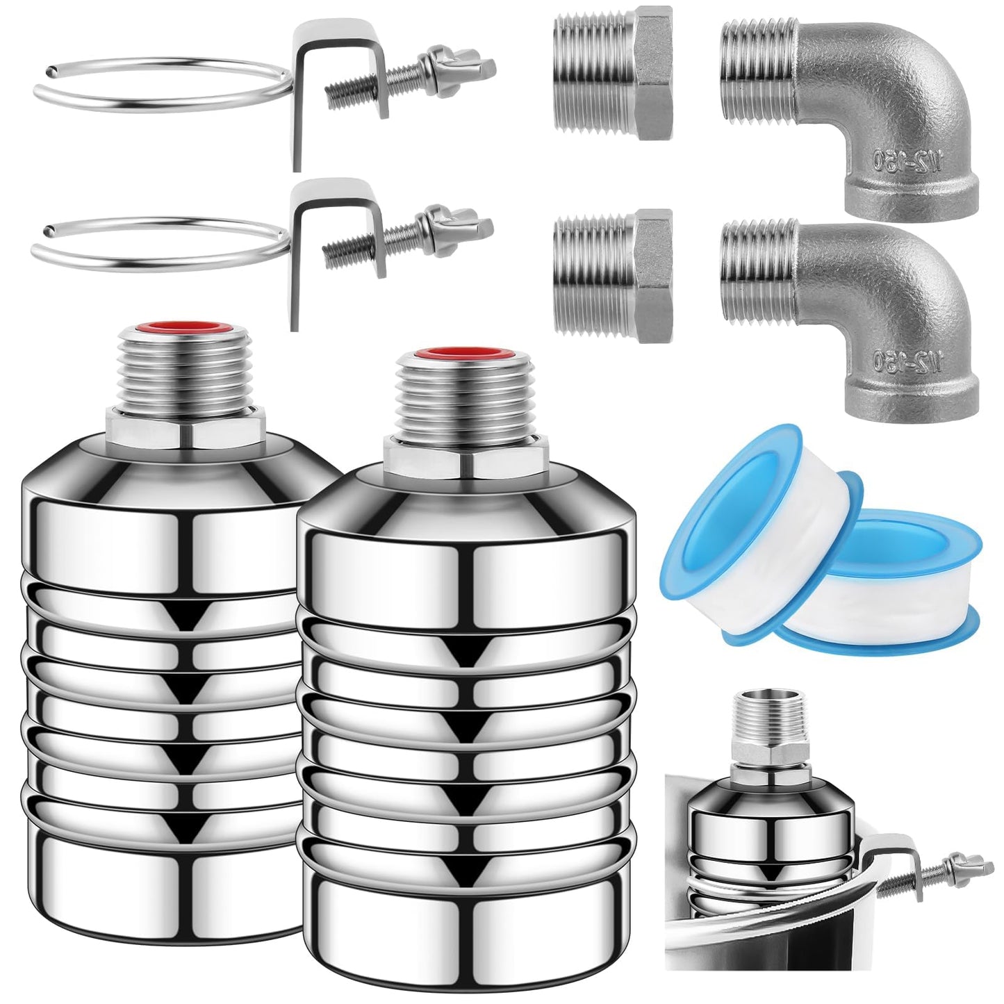 2Pcs Water Float Valve for Water Tank, Aquapulse Automatic Water-Level Control System, 1/2" to 3/4" Stainless Steel Water Shut Off Float Valve for Water Tower, Pool, Livestock Troughs