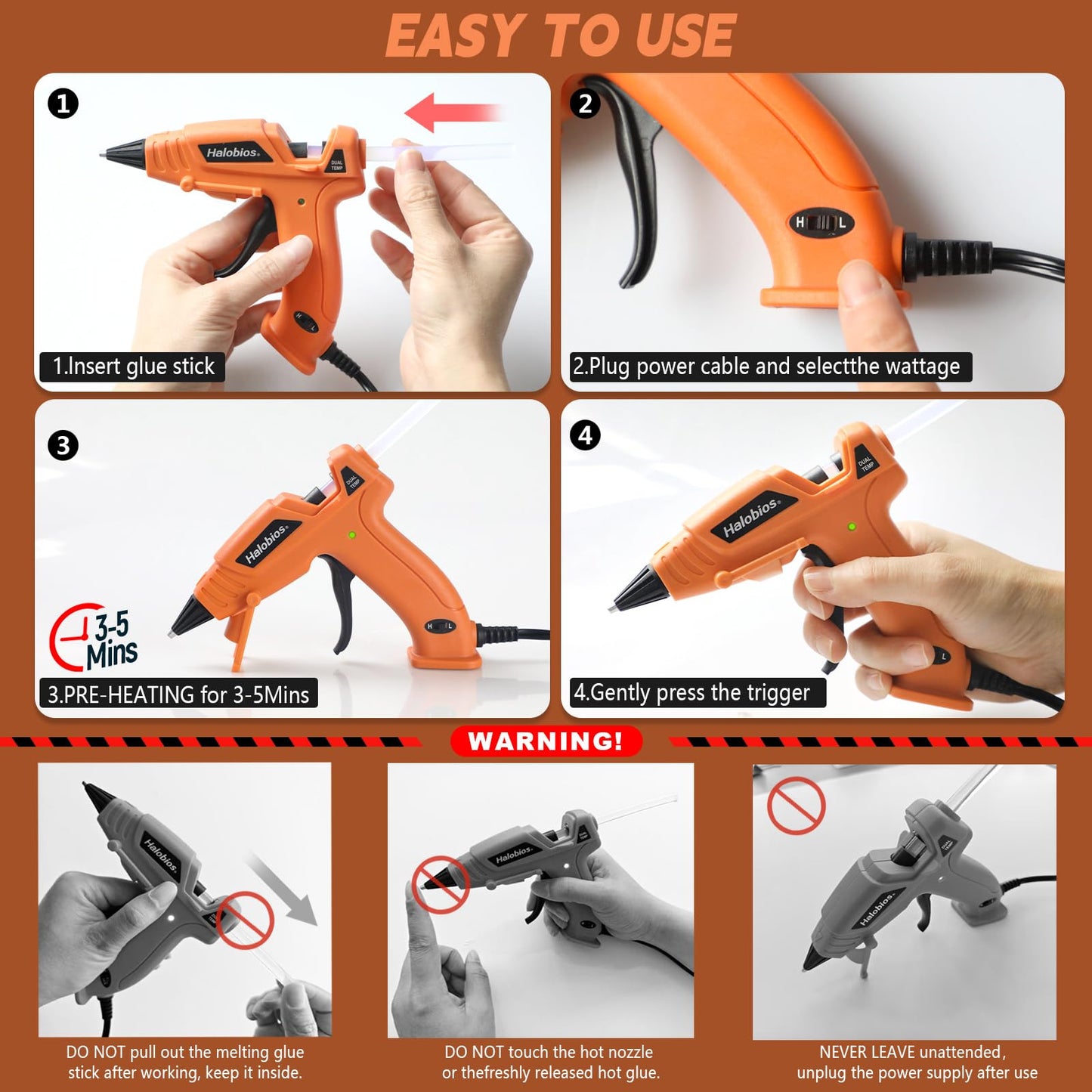 Hot Glue Gun Dual Temp with 32 Glue Sticks, Quick Preheat Hot Glue Gun, Two Temperatures for DIY, School Craft and Home Repairs (Orange)