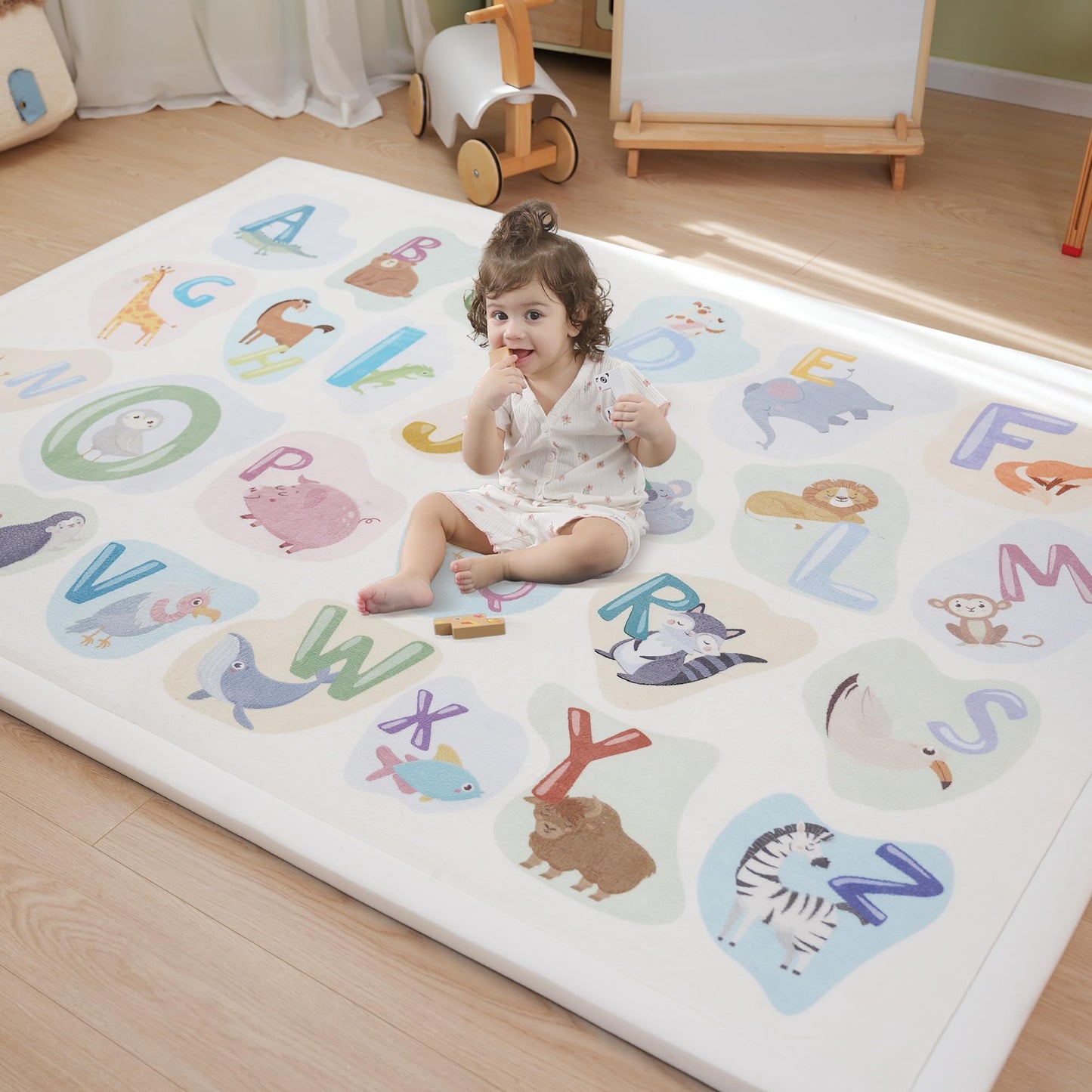 PaPaMat 1.3" Thick Educational Baby Floor Play Mat 59x79, Basic Padded Memory Foam Kids Mat, Non-Slip Plush Playmat for Nursery Playroom Classroom (ABC Animal)