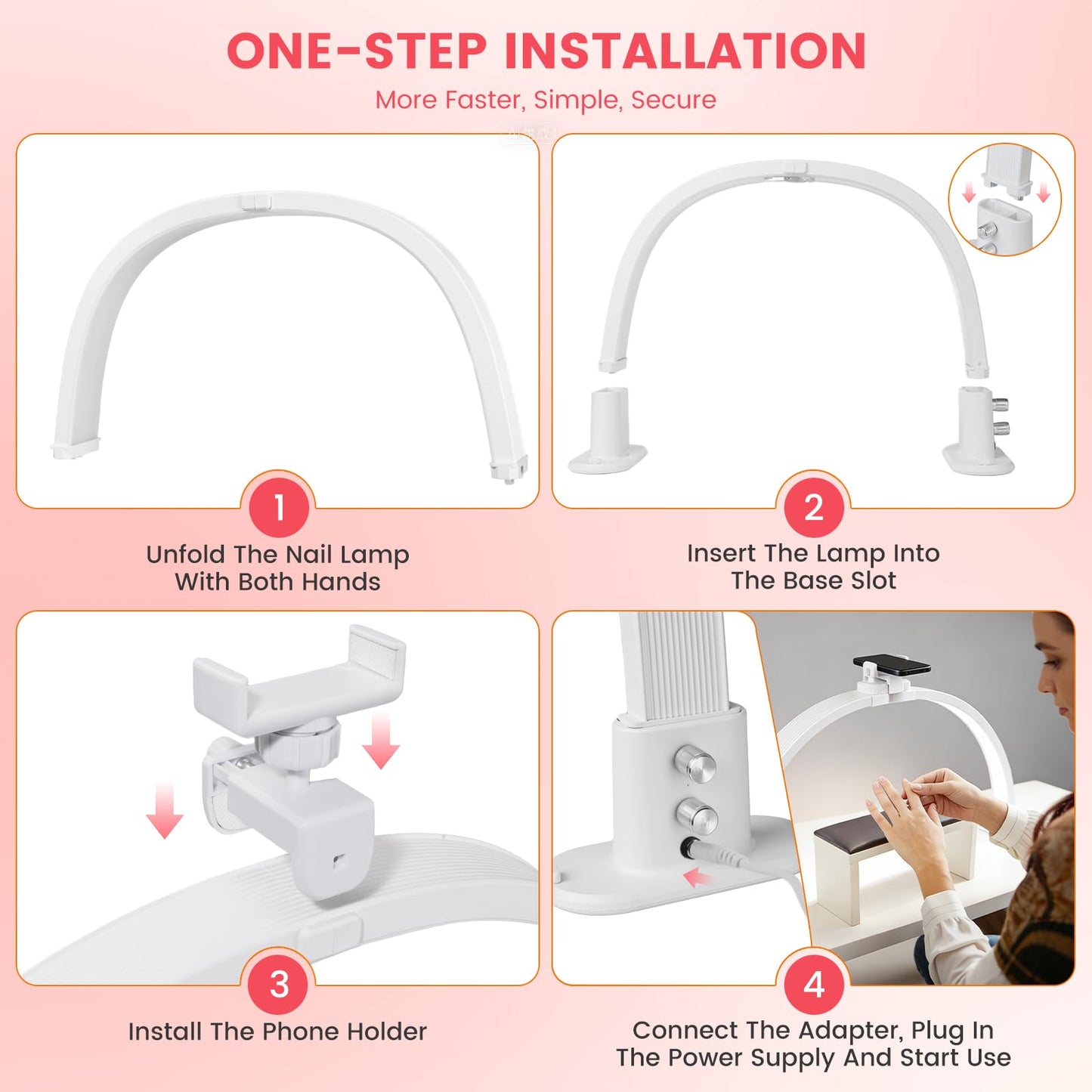 Rosiour Half Moon Light for Nail Desk: 18.5" Half Moon Nail Tech Light with Phone Holder -Shadow-Free Arch Nail Table Lamp with with 3 Color Modes & 10 Brightness for Manicure Salon (White, 18inch)