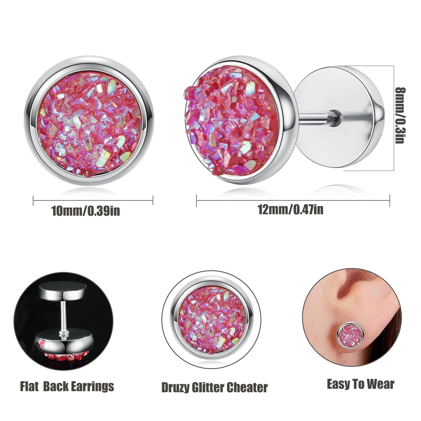 Women Men Flat Back Stud Earrings Non-Nickel Crystal Stone Earrings Titanium Stainless Steel Hypoallergenic Cartilage Earrings Stud for Sensitive Ears