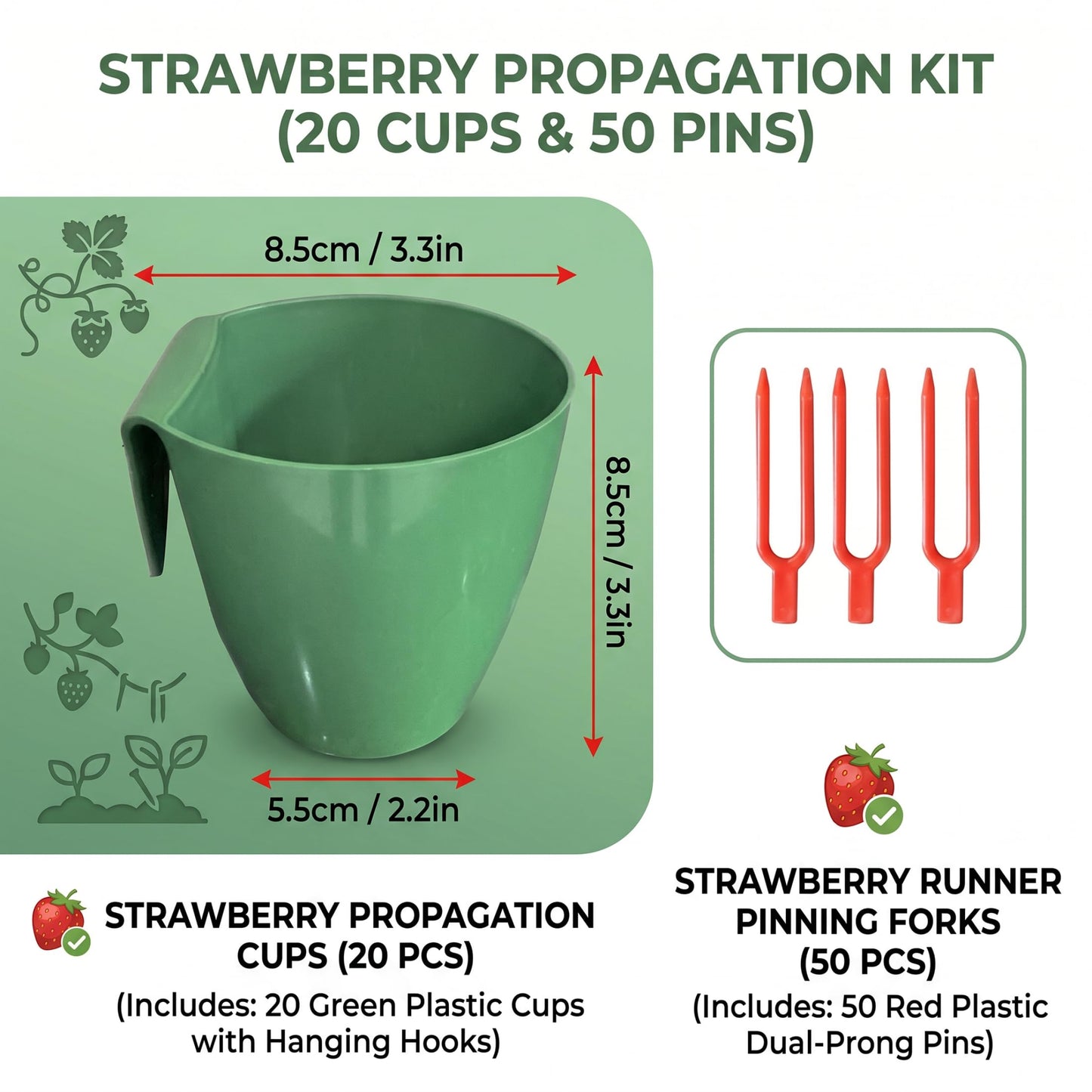 Xoeryoy Strawberry Propagation Cups, 20 Pack Large Plastic Plant Cups with 50 Runner Forks Breathable Pots for Berry Plant Rooting, Space-Saving Hanging Design, L