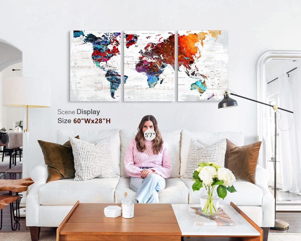 World Map Wall Art Living Room Wall Decor Office Pictures for Wall Decorations Large Abstract Art 60" W x 28" H Framed Paintings for Dining Room