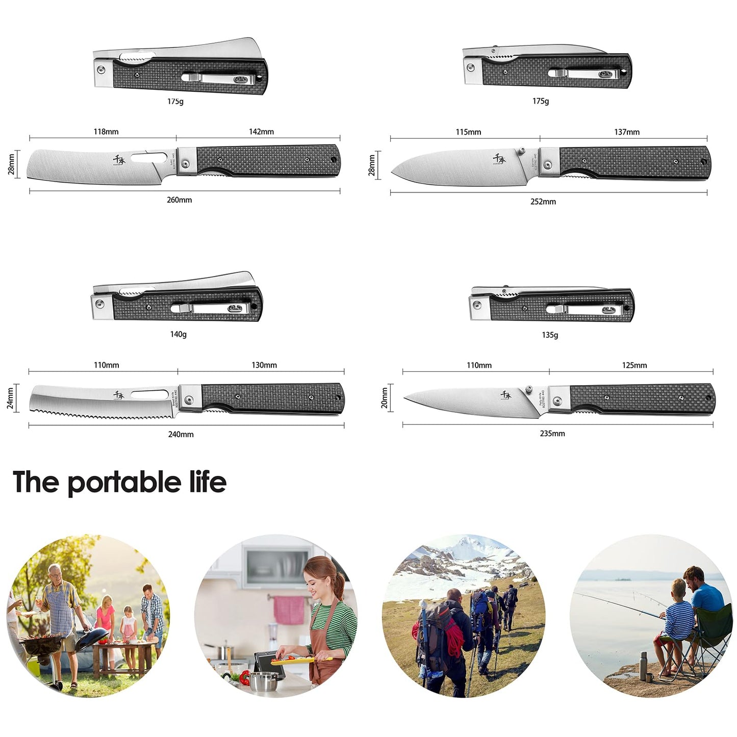 SENBON 440 stainless steel sharp set folding chef knife fruit knife carbon fiber handle camping barbecue outdoor portable kitchen knife with back clip