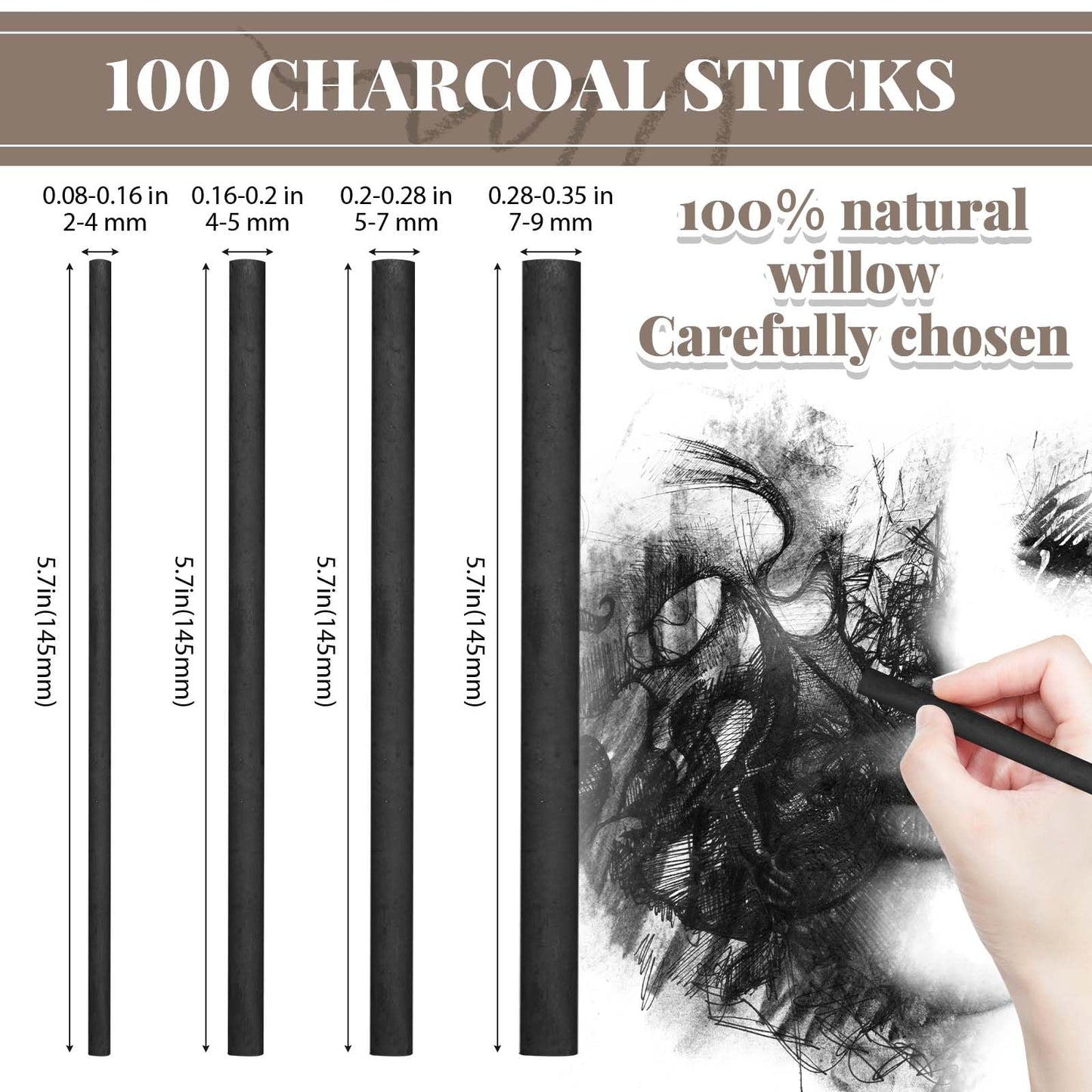 Gueevin 100 Pcs Willow Charcoal Sticks, Willow Charcoal, Artists, Beginners, Students, Perfect for Sketching, Drawing, Shading, and Fine Art Christmas Gifts for Art (2-4mm,4-5mm,5-7mm,7-9mm)