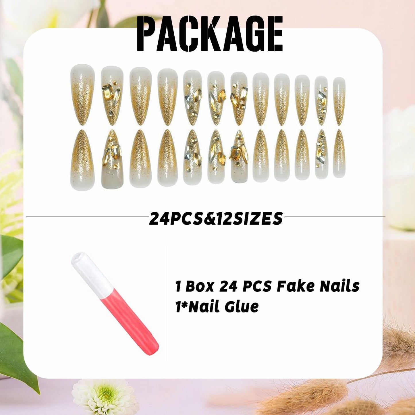 IMSOHOT Golden Press on Nails Long Stiletto Fake Nails Rhinestone & Glitter Full Cover Glue on Nails Glossy Acrylic Luxury Bling False Nails Handmade Artificial Stick on Fingernails