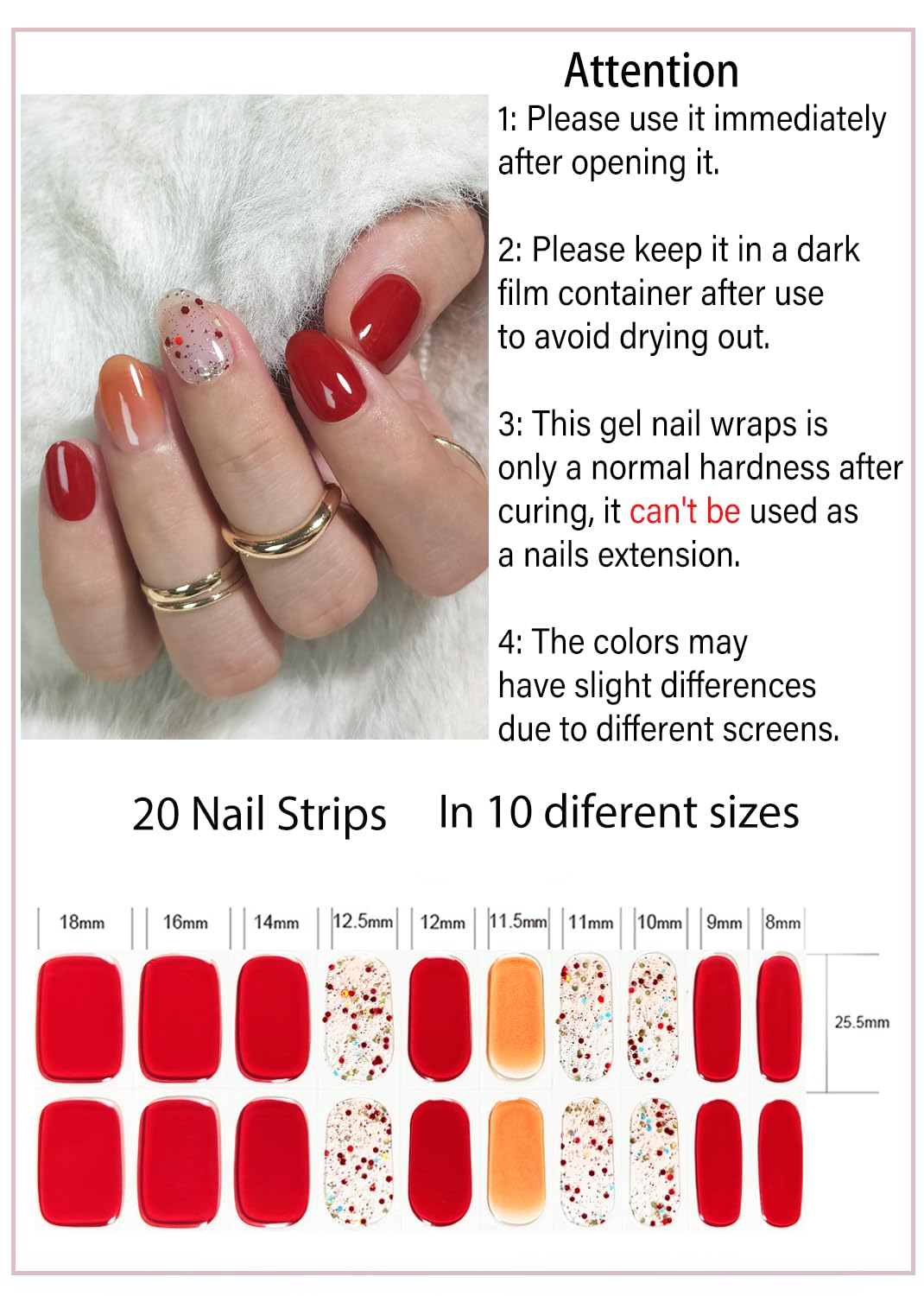 Semi Cured Gel Nail Strips, Red Paillette 20pcs Adhesive UV Sticker, Wraps for Home Manicure DIY