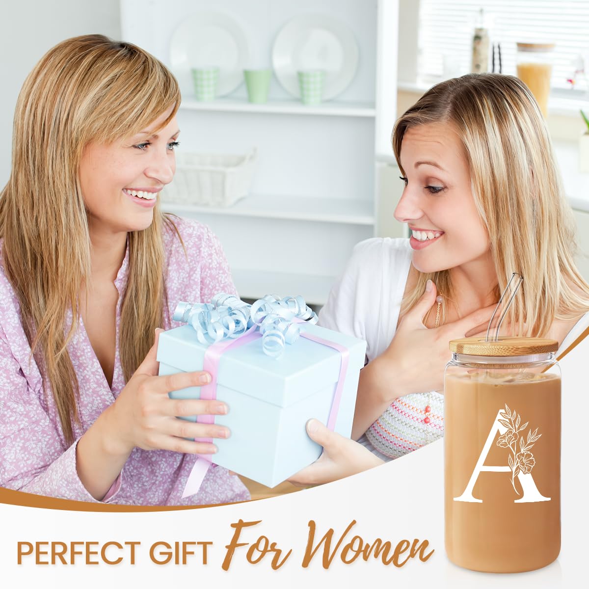 SANDJEST Monogrammed Gifts for Women - Monogram A Initial Glass Cup 16 Oz Can Coffee Cups with Lid and Straw - Monogram Initials Gifts for Womens on Birthday