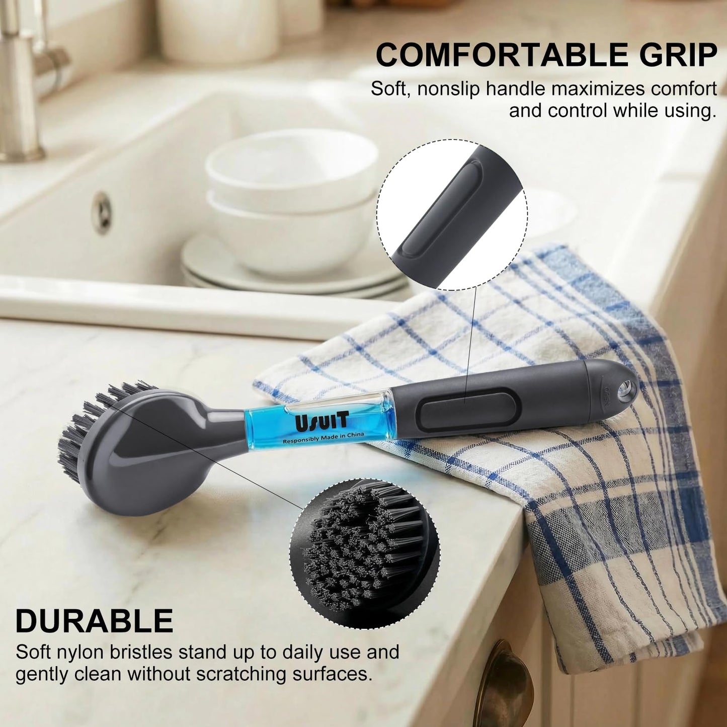 Usuit Soap Dispensing Dish Brush (2 Pack) – Ergonomic Kitchen Scrub Brush with Soap Dispenser Handle – Non-Slip Dish Scrubber for Pot, Pan, and Sink Cleaning – Easy-to-Handle Washing Brushes for Home