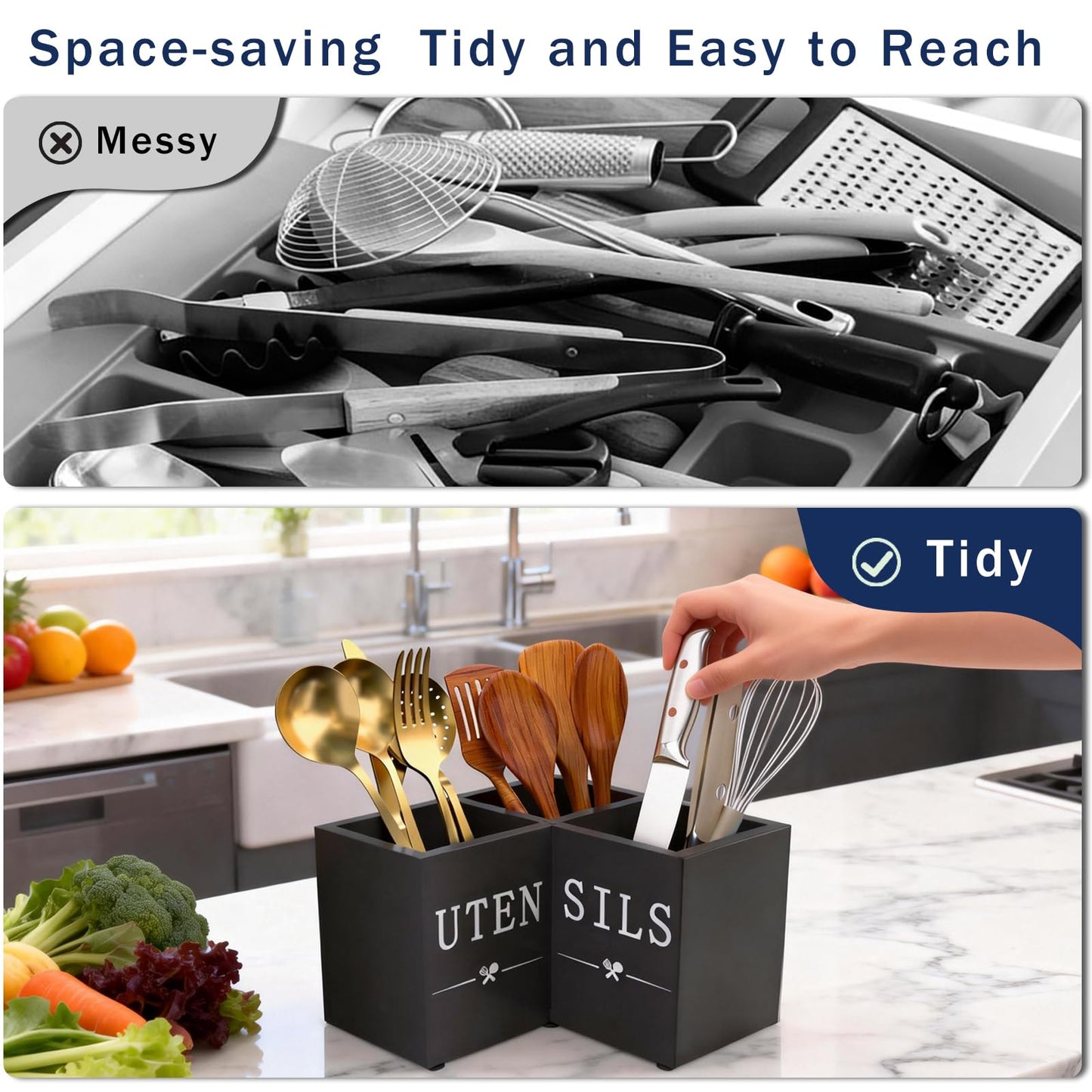 Natheeph Utensil Holder, Kitchen Utensil Holder for Counter, Extra Large Utensil Holder w/ 3-Compartment, Farmhouse Black Utensil Holder with Well-made Wood for Corner Organizer, Housewarming Gift