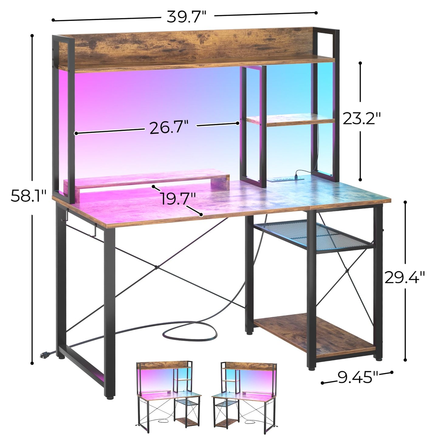 Cyclysio Gaming Desk with Hutch, 39'' Computer Desk with LED Lights & Power Outlets, Home Office Desk with Reversible 5 Tiers Storage Shelves & Monitor Stand, Small Gaming Table for Small Space,Rustic
