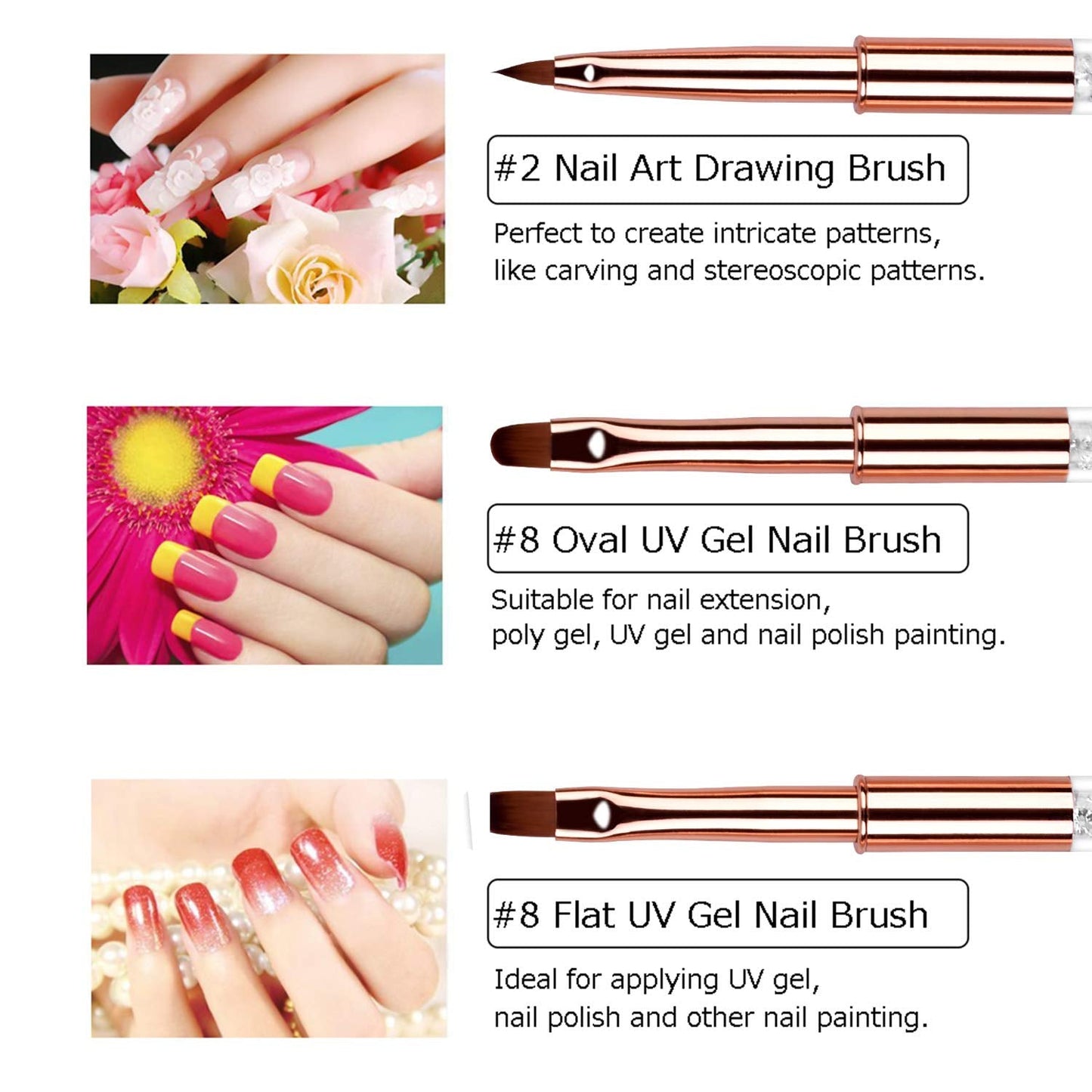 Ycyan 5pc Nail Art Brush Set - Rose Gold Rhinestone Handles with Gel Polish, Liner, Drawing Brushes for Salon & DIY Manicure
