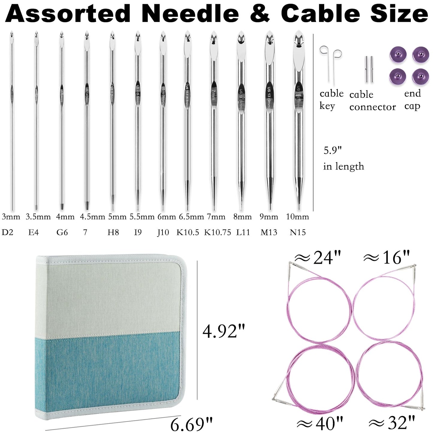 Svartur Tunisian Crochet Hooks Set with Cable, Afghan Crochet Hooks Interchangeable, Size from 3mm-10mm Aluminium Crochet Knitting Needles for Crocheting