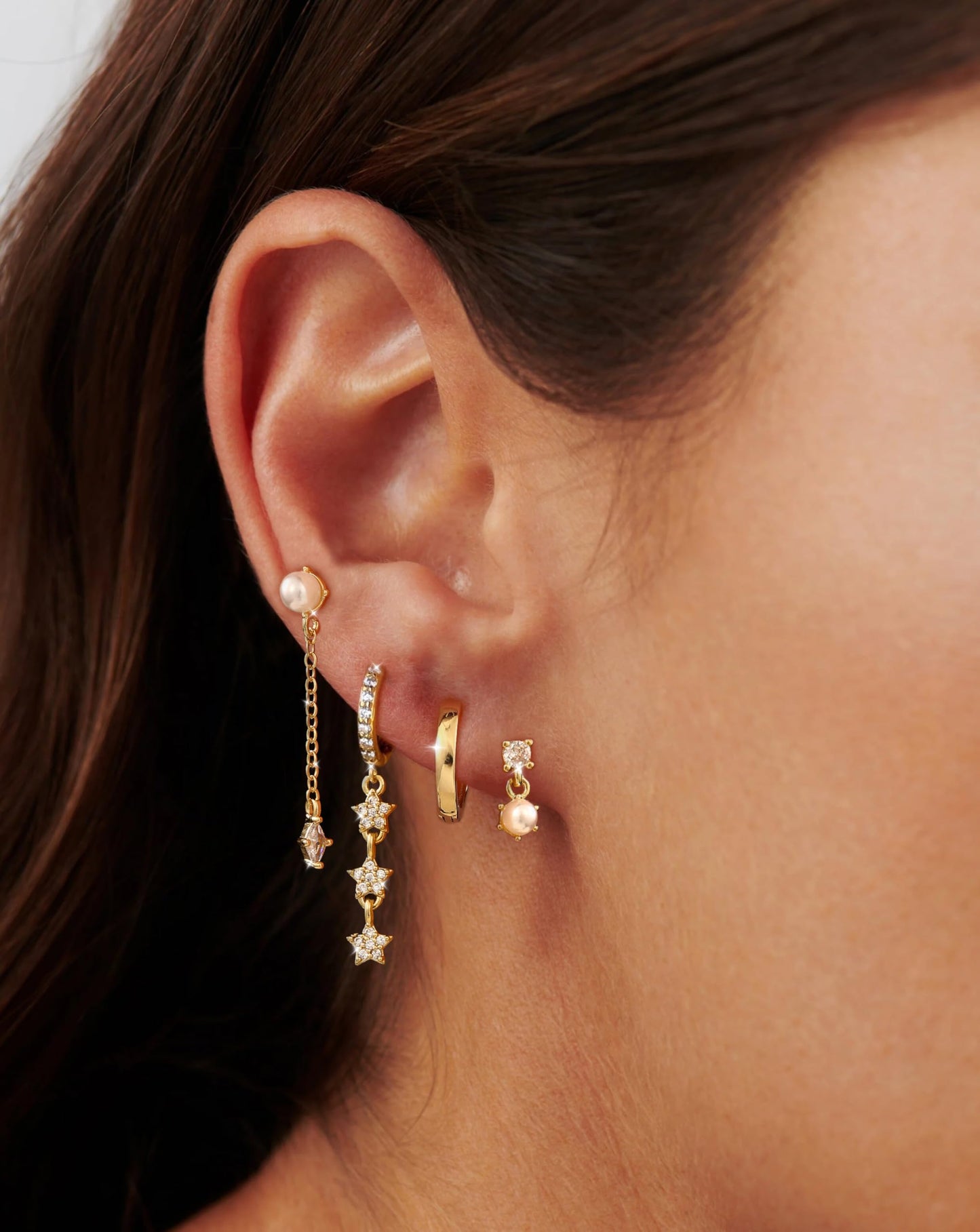 Moodear Dainty Pearl Drop Hoop Earrings for Women - Trendy 14K Gold Plated Dangle Stud Chain Baroque Pearls Hypoallergenic Earring Sets for Multiple Piercing