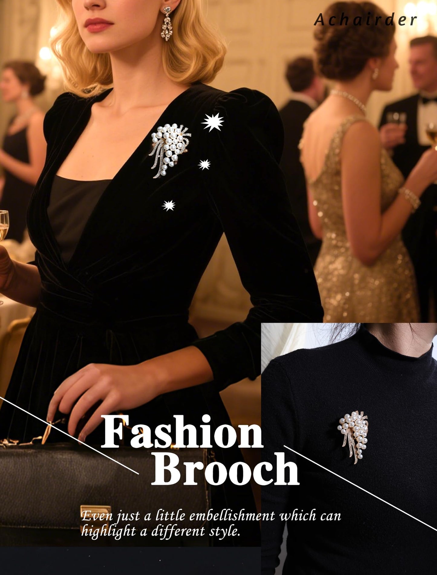 Achairder 9 Pack Gold Crystal Rhinestone Flower Brooch Pin Set for DIY Wedding Party Bouquets Embellishment Crafts Decor