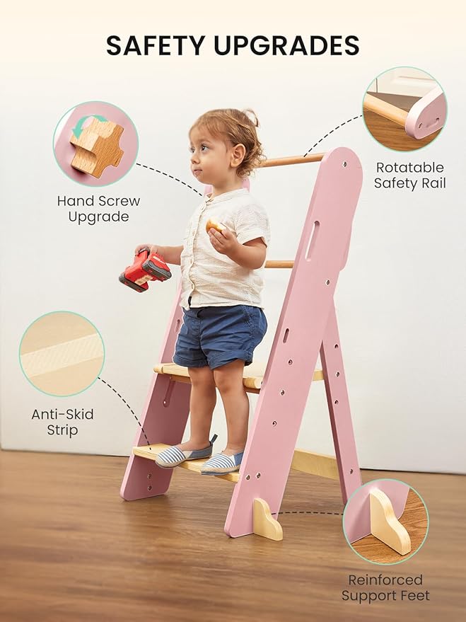 GROWNSY Foldable Step Stool Toddler Tower, Toddler Kitchen Stool Helper, Collapsible Kids Standing Tower with 3 Adjustable Heights and Safety Net for Kitchen Bathroom Sink Counter (Light Pink)