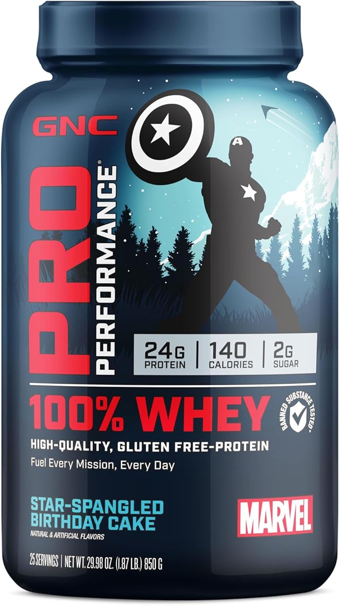 GNC Pro Performance 100% Whey Protein Powder | Supports Healthy Metabolism and Lean Muscle Recovery | Marvel: Star-Spangled Birthday Cake | 25 Servings