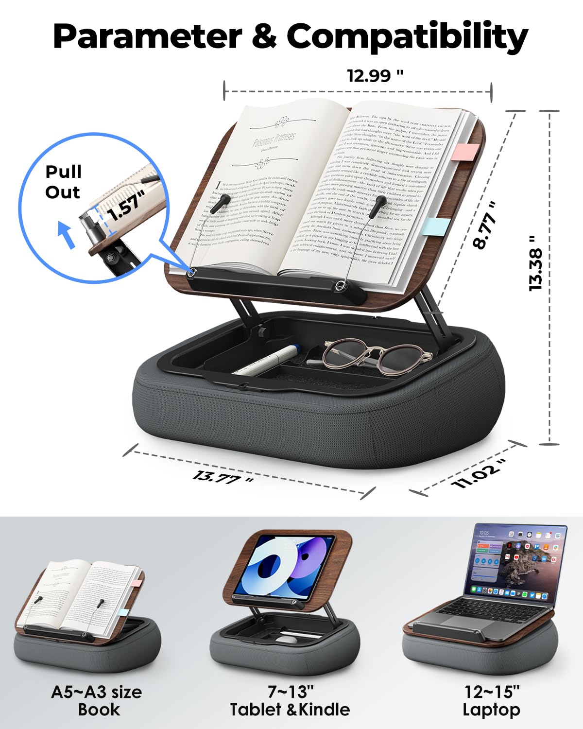 Viozon Lap Book Pillow Stand with Storage, Adjustable Beanbag Reading Pillow with Dark Wood Panel, Multi-Angle Book Holder for Hands-Free Reading in Bed or Sofa,Book Lover Essential,Soft Cushion