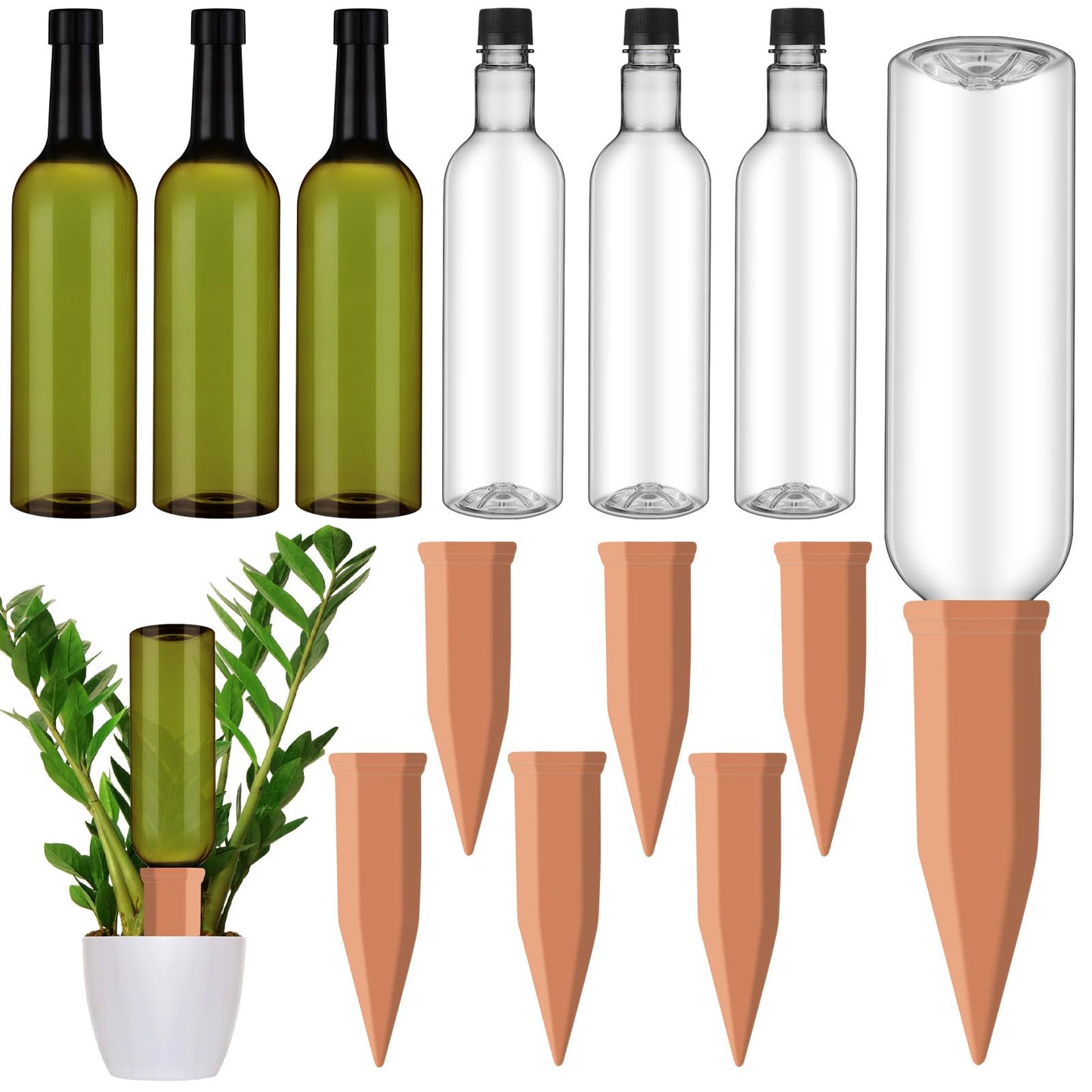 SiliFine 6 Sets Plant Watering Devices Include Terracotta Self Watering Spikes and 26 oz Plastic Bottles, Slow Release Vacation Insert Automatic Plant Waterer Device (Clear Green and Terracotta)