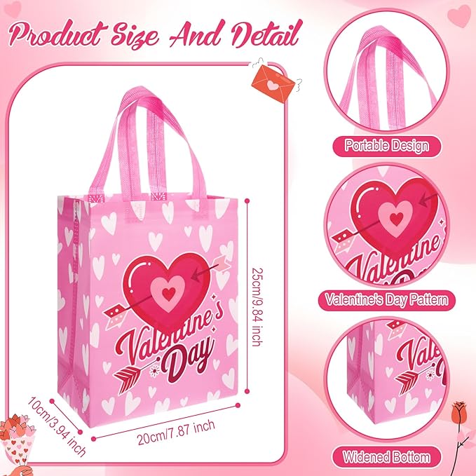 Wesnoy 48 Pcs Valentine's Day Gift Bags,Bulk Reusable Non-Woven Heart Bear Treat Bags with Handles for Party Favors,Galentine's Day Event, 10 x 8 x 4 Inches