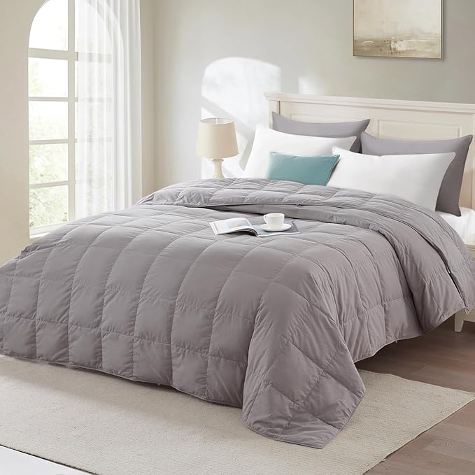 Globon Summer Down Blanket Queen Size, Extra Lightweight Comforter/Duvet Insert for Hot Sleepers, Noiseless & Extra Soft,10 Ounce Fill Weight, Grey