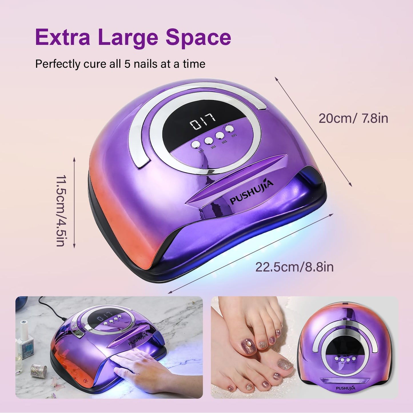 PUSHUJIA 300W Professional Nail Lamp - Fast Curing, Auto Motion Sensor, 4 Timer Settings, 72 LED Even Coverage for Gel Polish - Salon & Home Use
