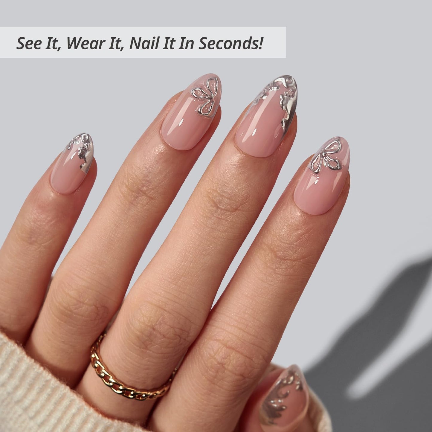 BTArtbox Press On Nails Short - Frost Glam, Lamp-Curable 3D Silver Flower Almond Press On Nails with Glue and Adhesive Tabs for Women in 16 Sizes - 32 Soft Gel Glue On Nails Kit
