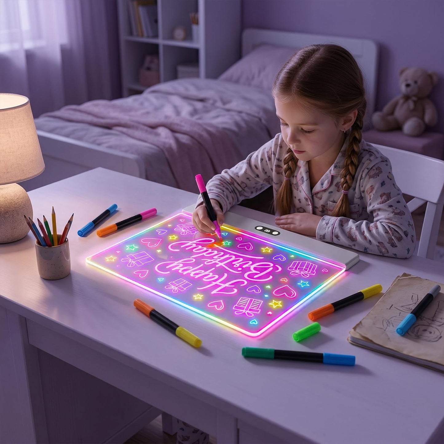 KOBAIBAN LED Drawing Board for Kids, 16” Rechargeable Light Up Drawing Pad with 1500mAh Battery, 11 Light Modes Neon Dry Erase Board, LED Note Pad for Message, Night Light, Gifts for Girls Boys