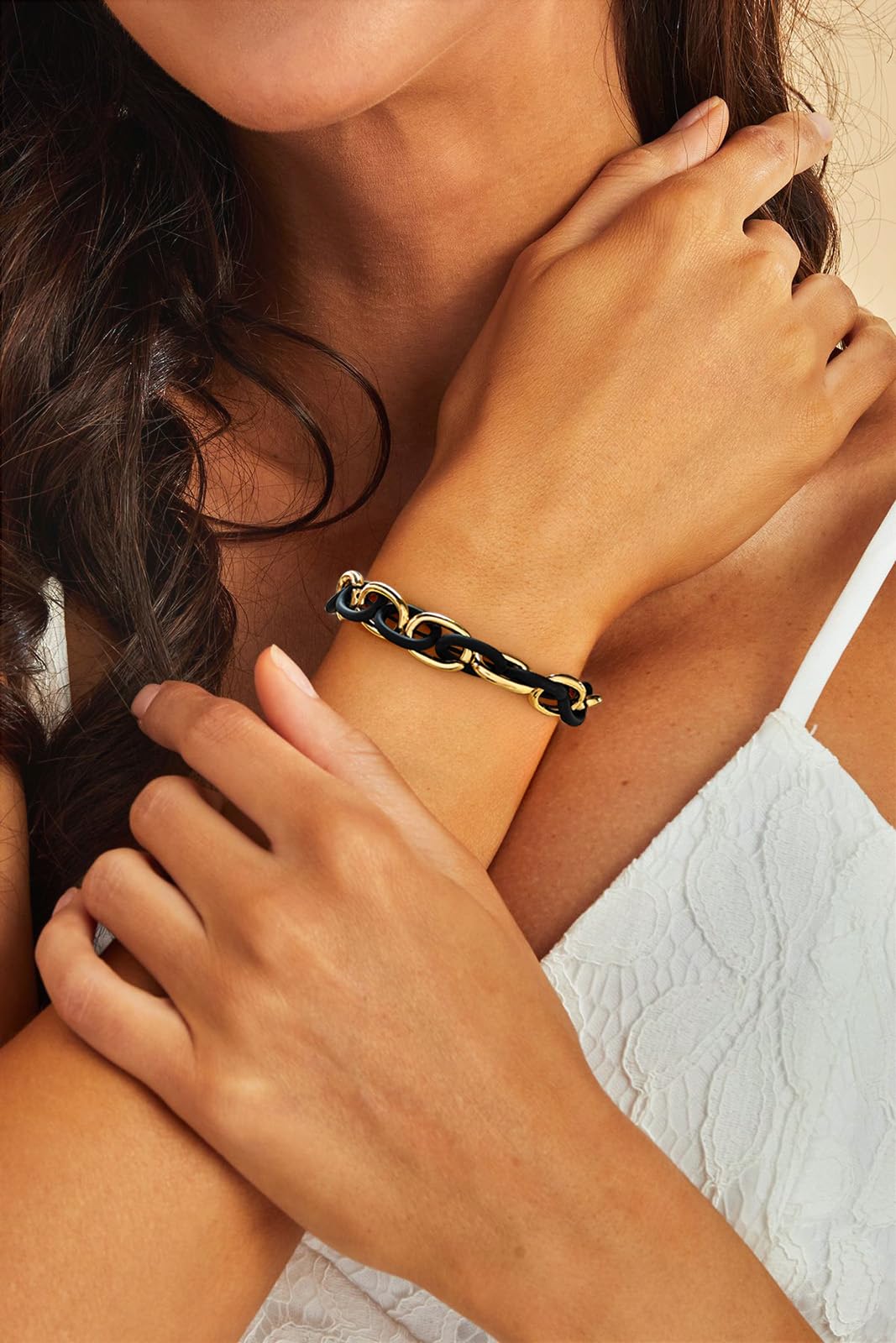 WOWORAMA Chunky Chain Bracelet for Women Men Black Gold Stretch Link Chain Bangle Bracelets Mixed Metal Thick Chunky Link Bracelet Elastic Adjustable Statement Bracelets