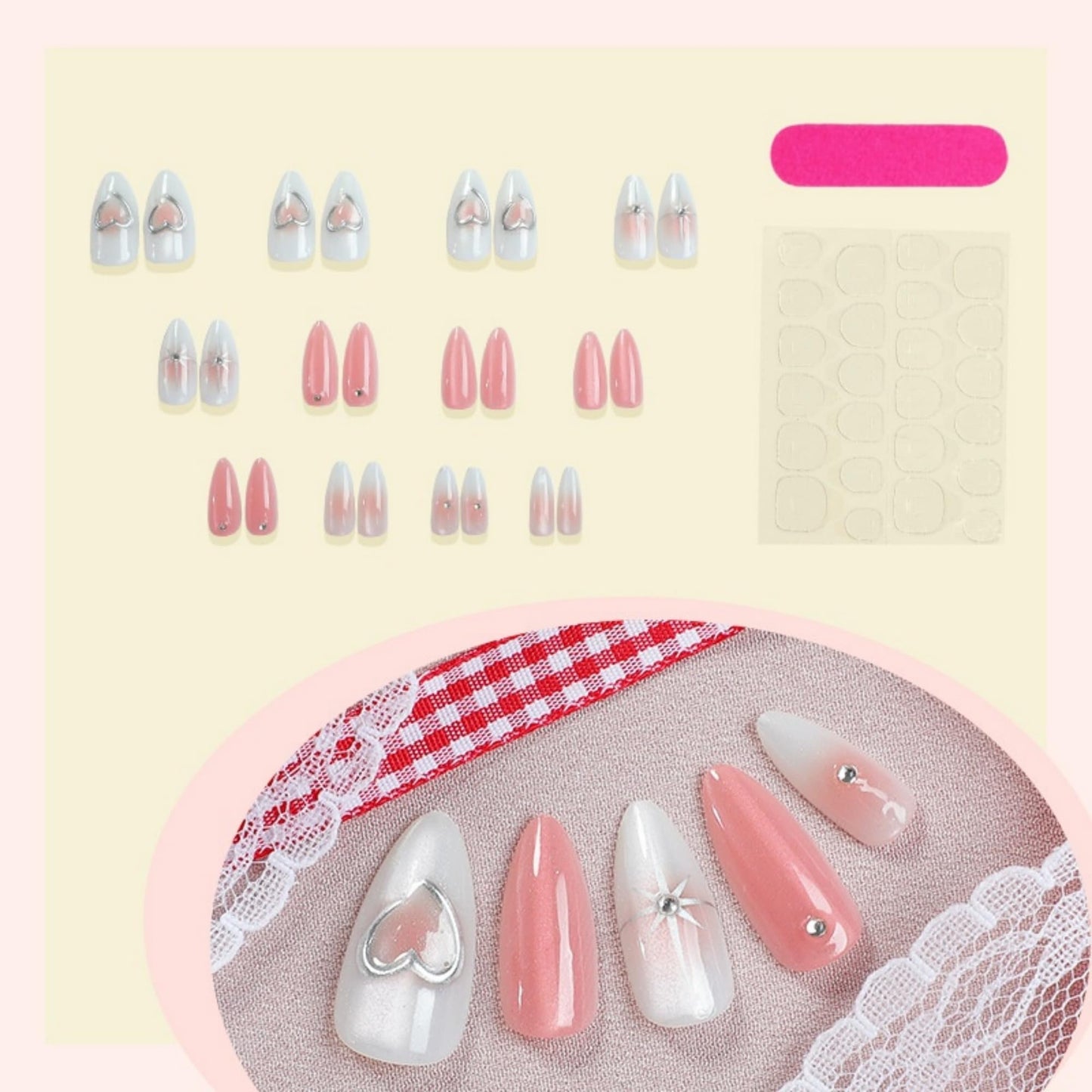 Short Press on Nails Almond Fake Nails Cat EyeArtificial Nail Glitter Heart Designs Stick on Nail for Women 24pcs