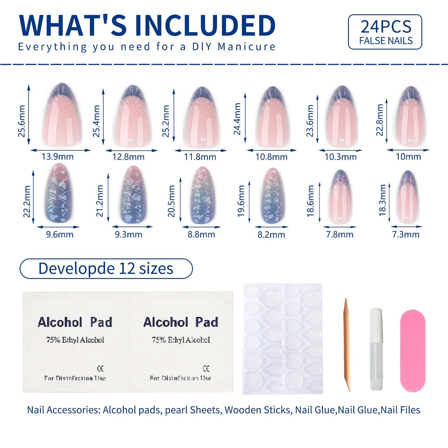 Almond Press On Nails Medium, 24PCS Iridescent 3D Mermaid Scale Acrylic Fake Nails, Gradient Pink Purple Stick On Nails for Women, Reusable Glossy False Nails for Party, Wedding