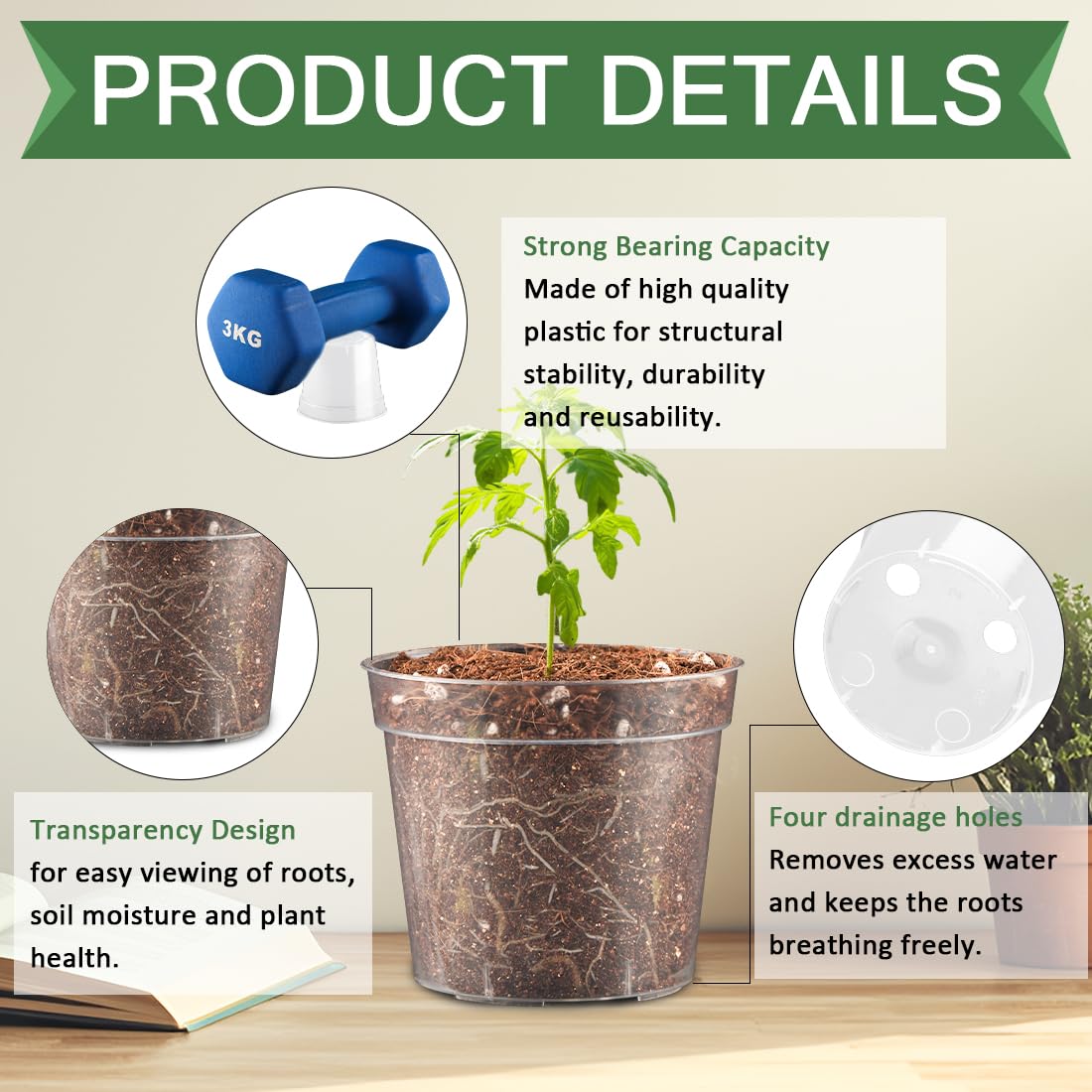 RooTrimmer 2.5" Clear Seeding Pots 100-Pack Round for Seeds Starter Pots, Seeds Germination Transparent Nursery Pot with Drainage Holes (2.5Inch,100Pcs,Clear)