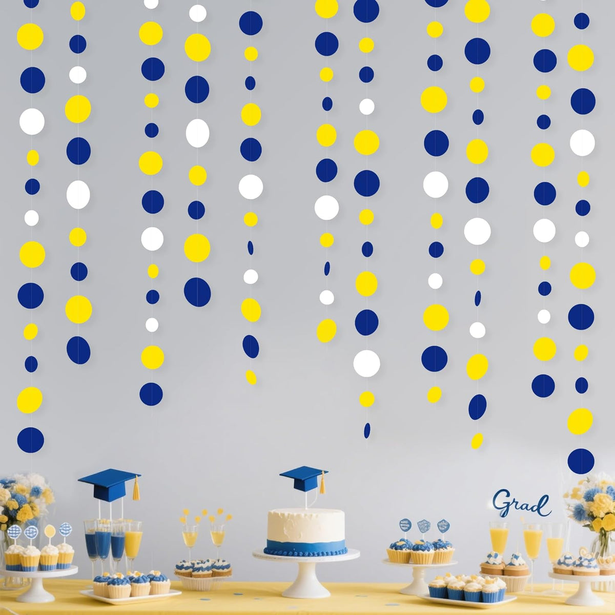 46Ft Navy Blue and Yellow Circle Dots Garland Royal Blue Yellow White Hanging Paper Polka Dot Streamer for Graduation Birthday Wedding Bridal Baby Shower Nautical Ahoy Achor Party Decorations Supplies
