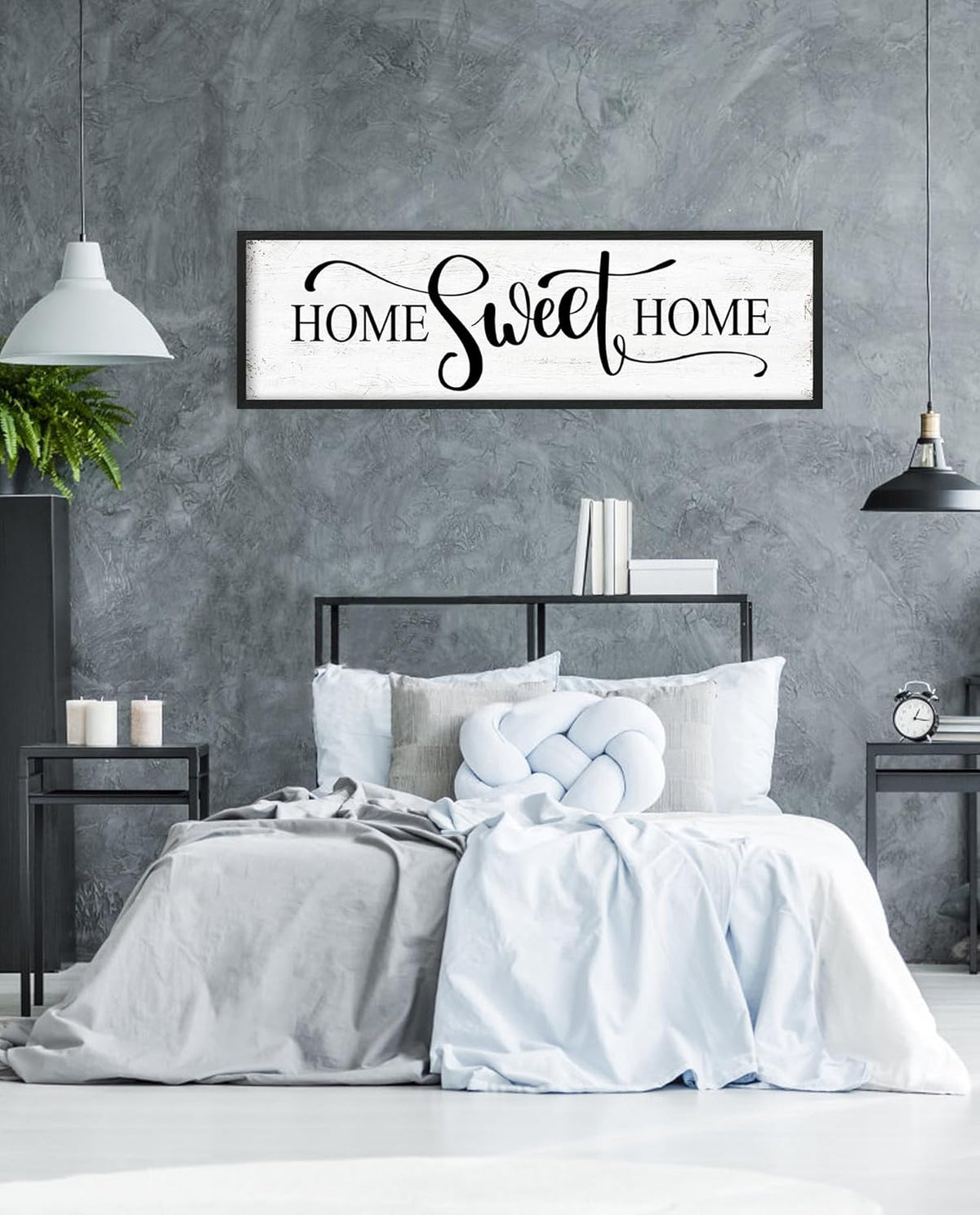 Home Sweet Home Wall Decor: Modern Farmhouse Rustic Sign 12" x 40", Master Bedroom Above Bed Framed Hanging Plaque, Family Decorative for Living Room