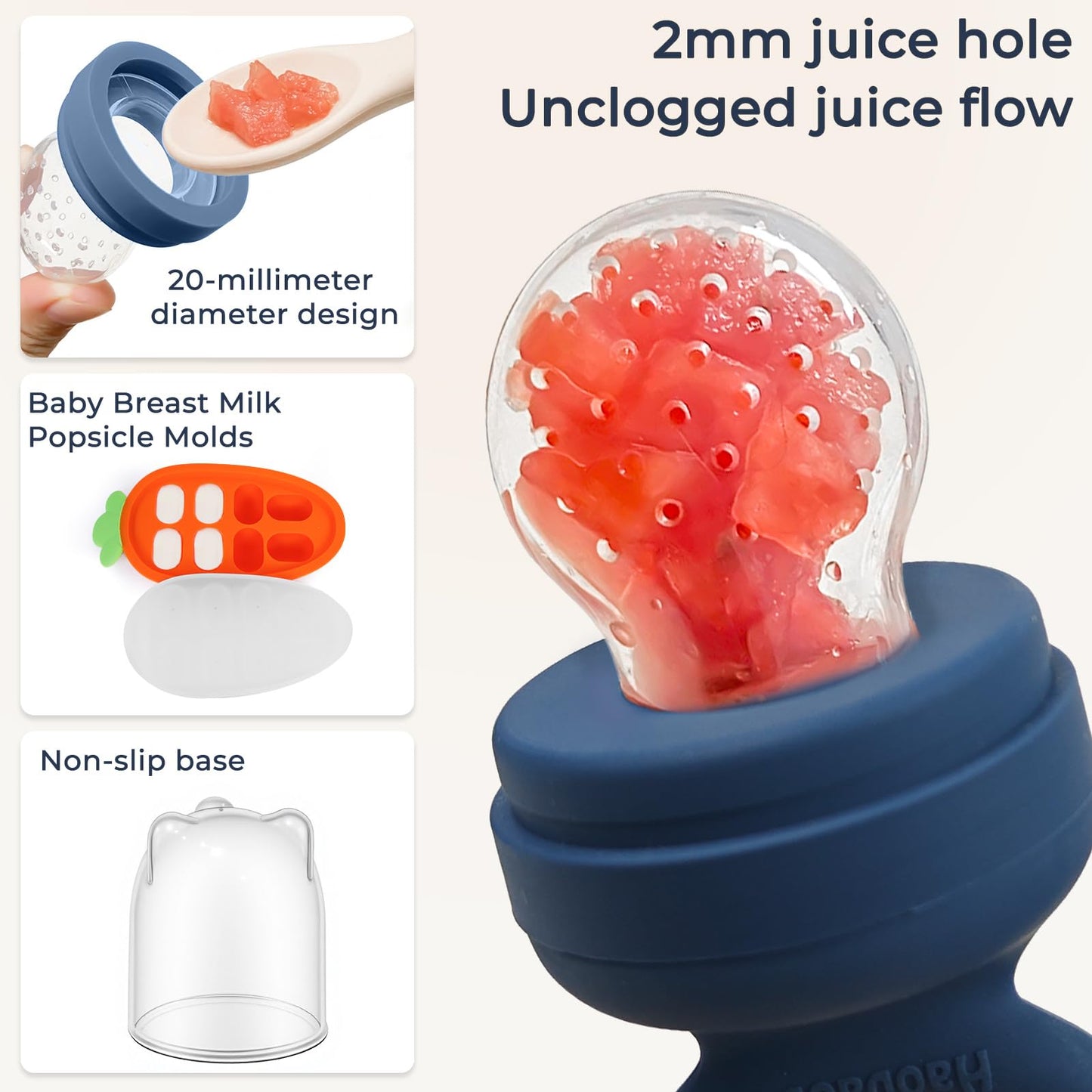 HAOBAOBEI Baby Fruit Feeder 2 Pack with Freezer Tray, 4 Silicone Pouches in 3 Sizes, Breastmilk Popsicle Mold, Food Feeder Pacifier and Silicone Teether for Teething Relief, 4+ Months