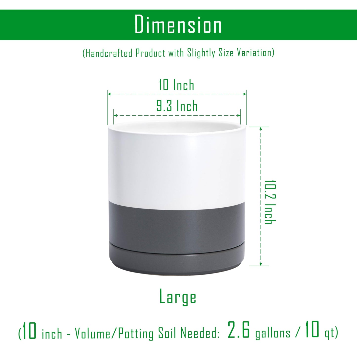 D'vine Dev Set of 2 Plants Pots, 10 Inch Ceramic Planter Pot for Plants with Drainage Hole and Saucer, White/Speckled Grey, 94-V-E-6