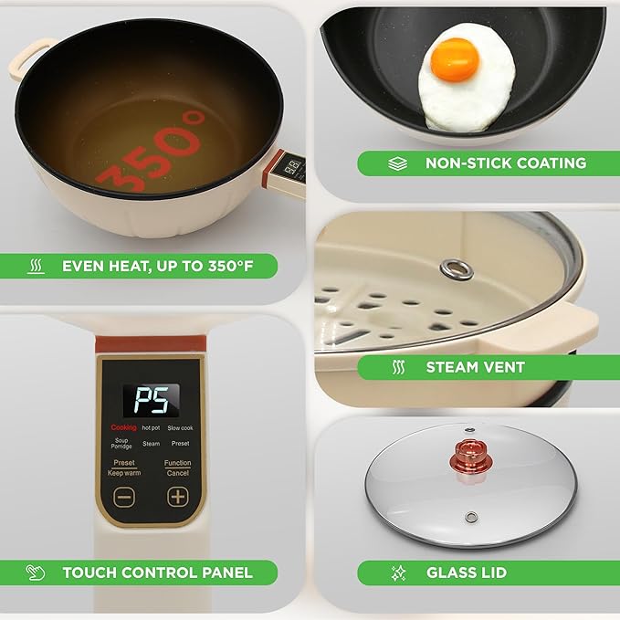 Nutrichef 4L Electric Frying Pan & 4L Steamer | Multifunctional Portable 1000W Non-Stick Pot for Cooking | Durable Heat Safe Handle | Touch Control Panel | Electric Hot Pot | White