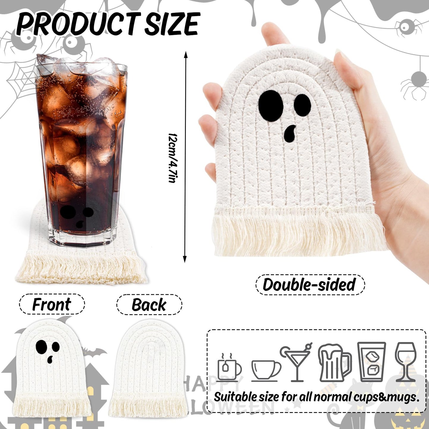 Whaline Halloween Ghost Cotton Coasters Cute White Ghost Shape Handmade Braided Drink Coasters with Tassel Absorbent Cup Mats for Trick or Treat Party Home Table Decor, Set of 4