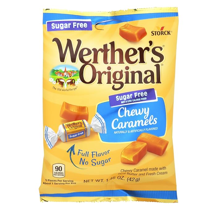Werther's Sugar Free Chewy Caramels, Individually Wrapped Pieces, Candy Bowl Filler Treats, 1.46 Ounces (Pack of 4)