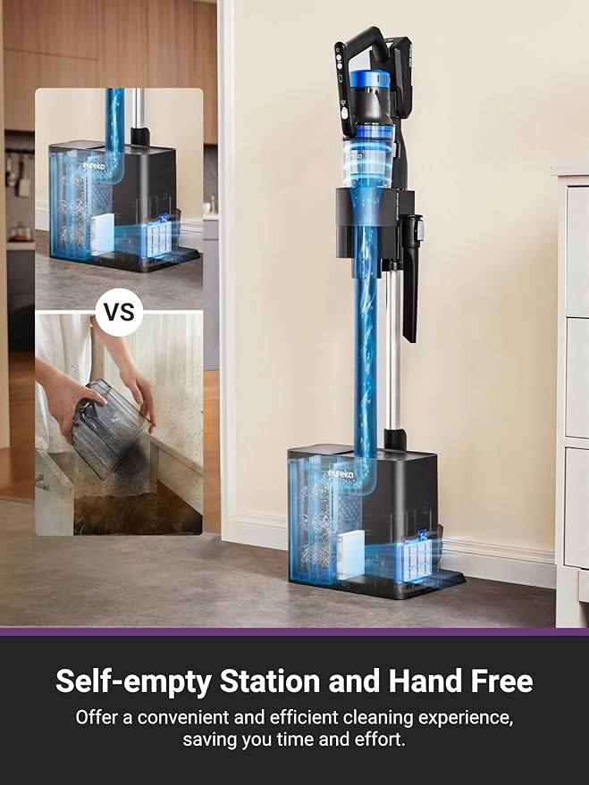 Eureka Stylus Elite NEC490BL Cordless Stick Vacuum, 350W Powerful Suction, Self-Emptying Station, 60-Min Runtime, Anti-Tangle Brushroll, 5-Layer HEPA Filtration, Ideal for Pet Hair&All Floor Types