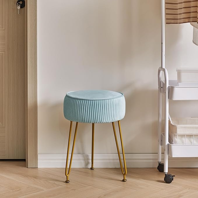 IBUYKE Velvet Round Footrest Stool Ottoman, Makeup Vanity Stool Side Table, Velvet Dressing Table Seat, Pouf Couch Stool, Golden Steel Legs, Blue LG-30H