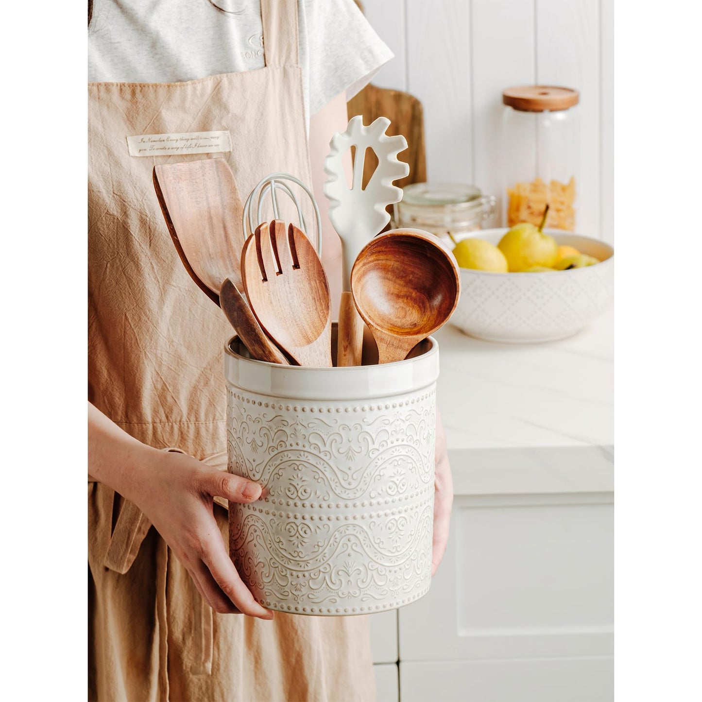 MIKIGEY Kitchen Utensil Holder, 7 Inches Large Ceramic Utensil Holder for Countertop, Lace Emboss Cooking Utensil Crocks for Kitchen, Home Decor, Off-White