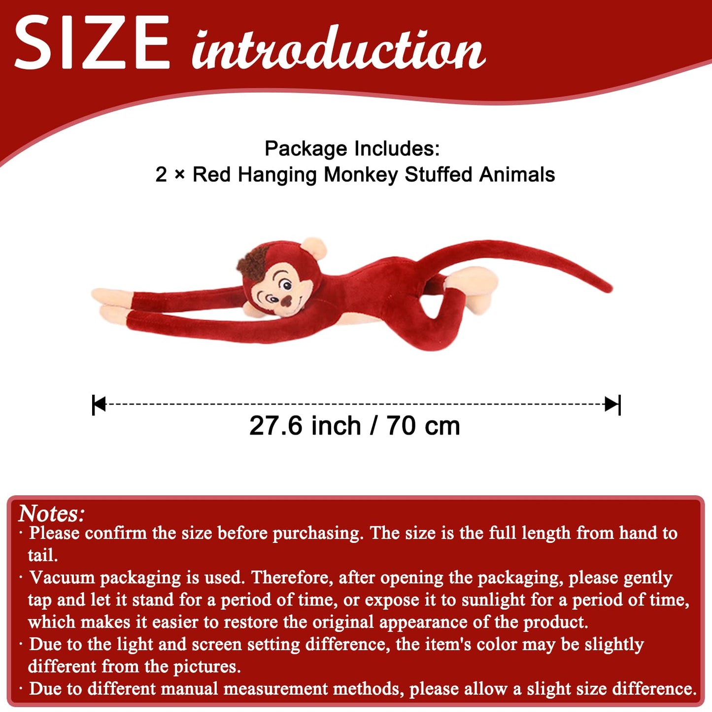zhidiloveyou 2PCS Hanging Monkey Stuffed Animals Plush Cute Red Monkey Toy for Kids, 27.6"