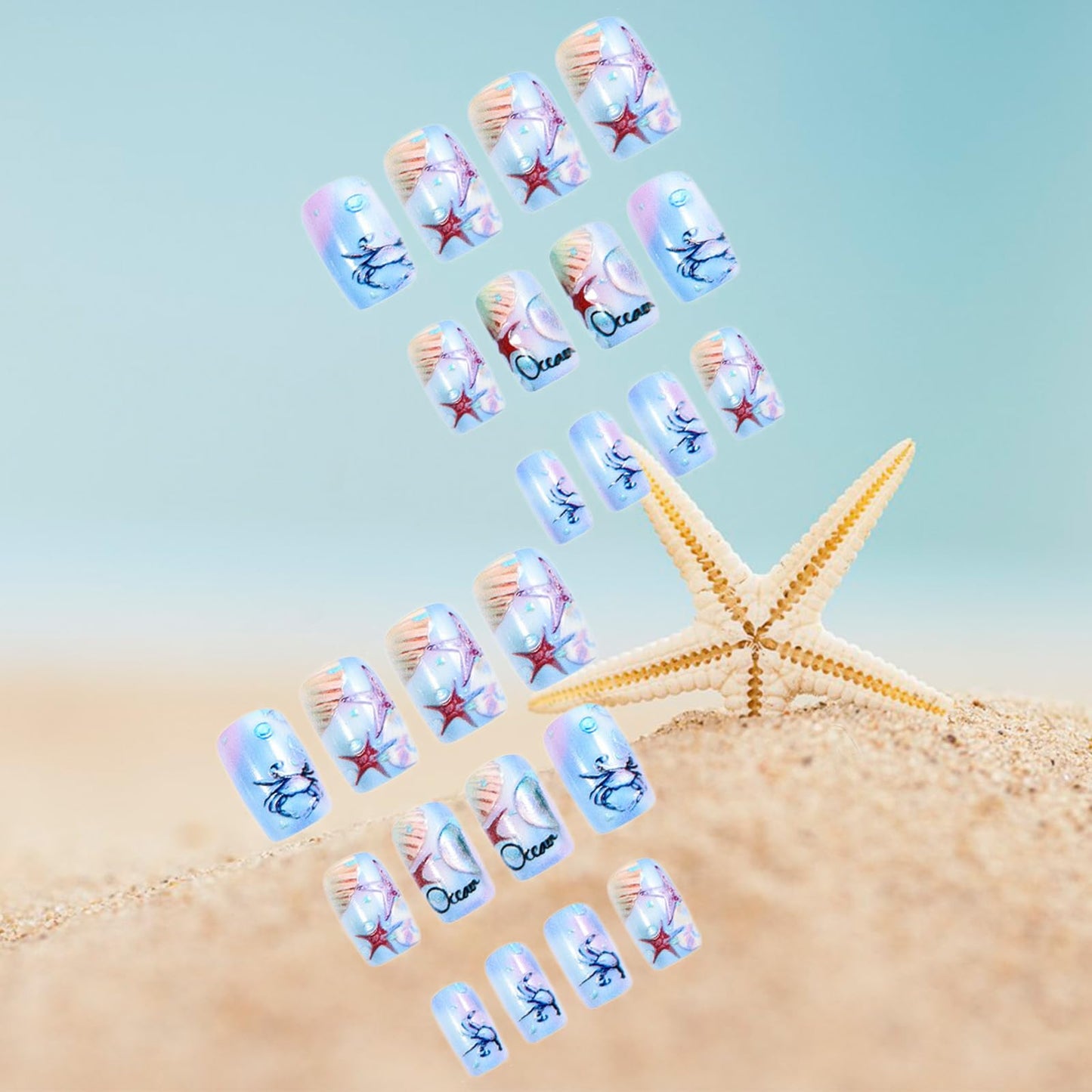 GCSQW Summer Press On Nails Medium Square Acrylic False Nails 24Pcs with Shell Starfish Designs Ocean Style Glossy Full Cover Stick on Nails Kit